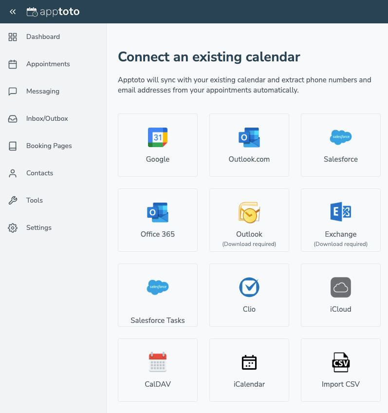 Apptoto's calendar sync screen showing Outlook and Microsoft 365 options 